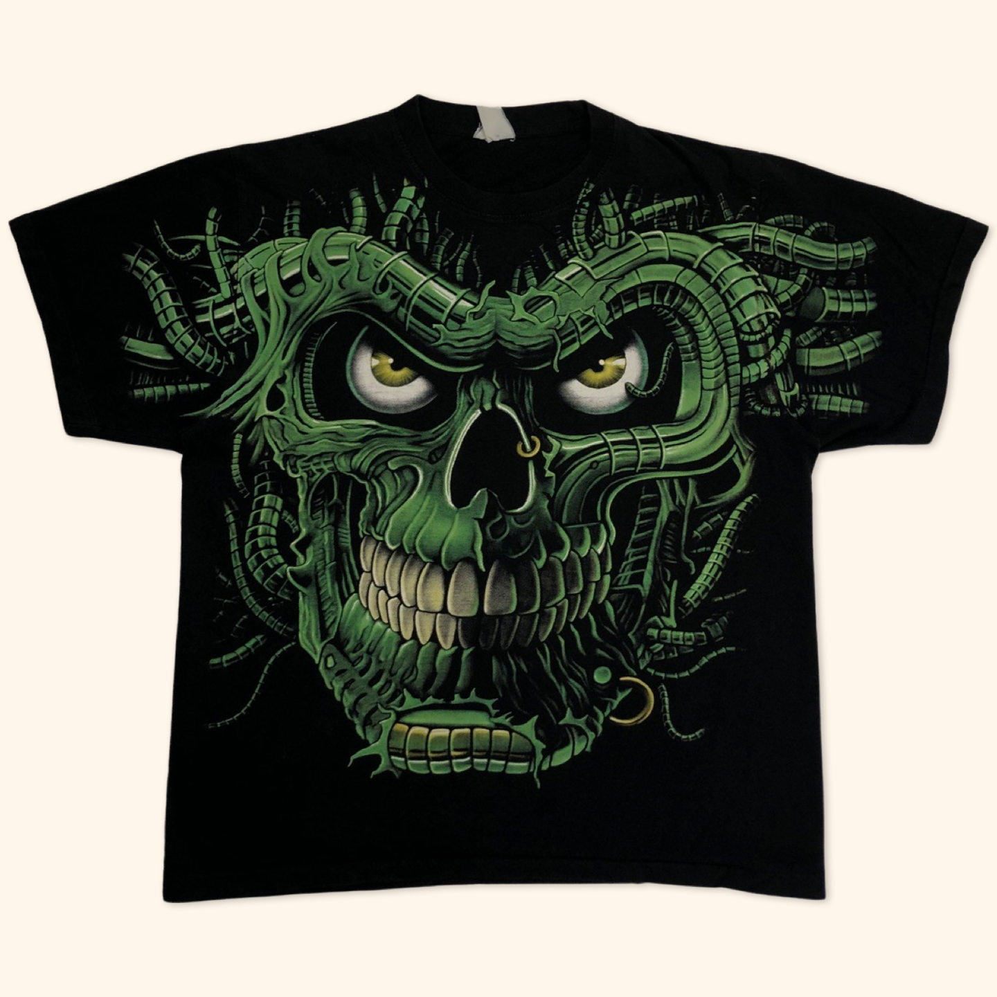 Vintage 90s Single Stitch Green Terminator Skull T-Shirt (L)