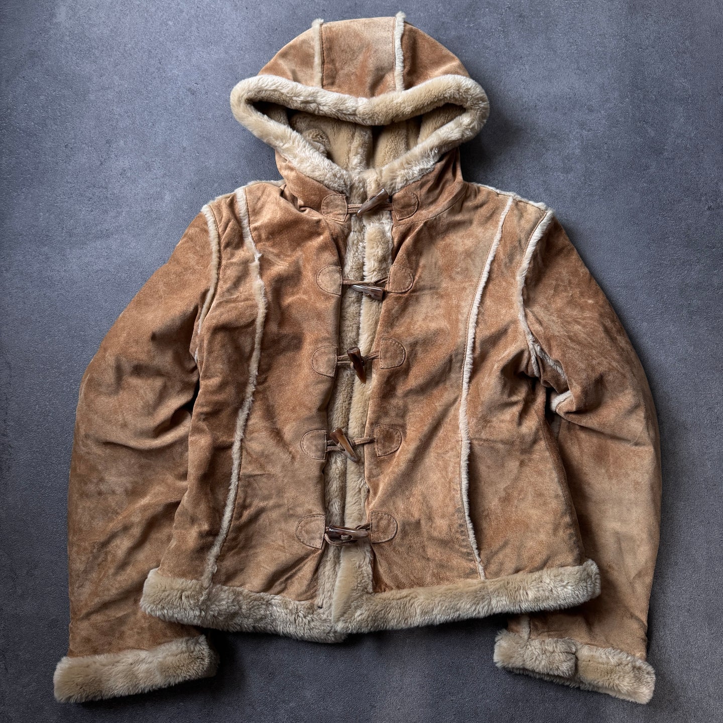 Hallhuber Shearling Faux Hooded Leatherette Jacket (L)