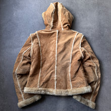 Load image into Gallery viewer, Hallhuber Shearling Faux Hooded Leatherette Jacket (L)

