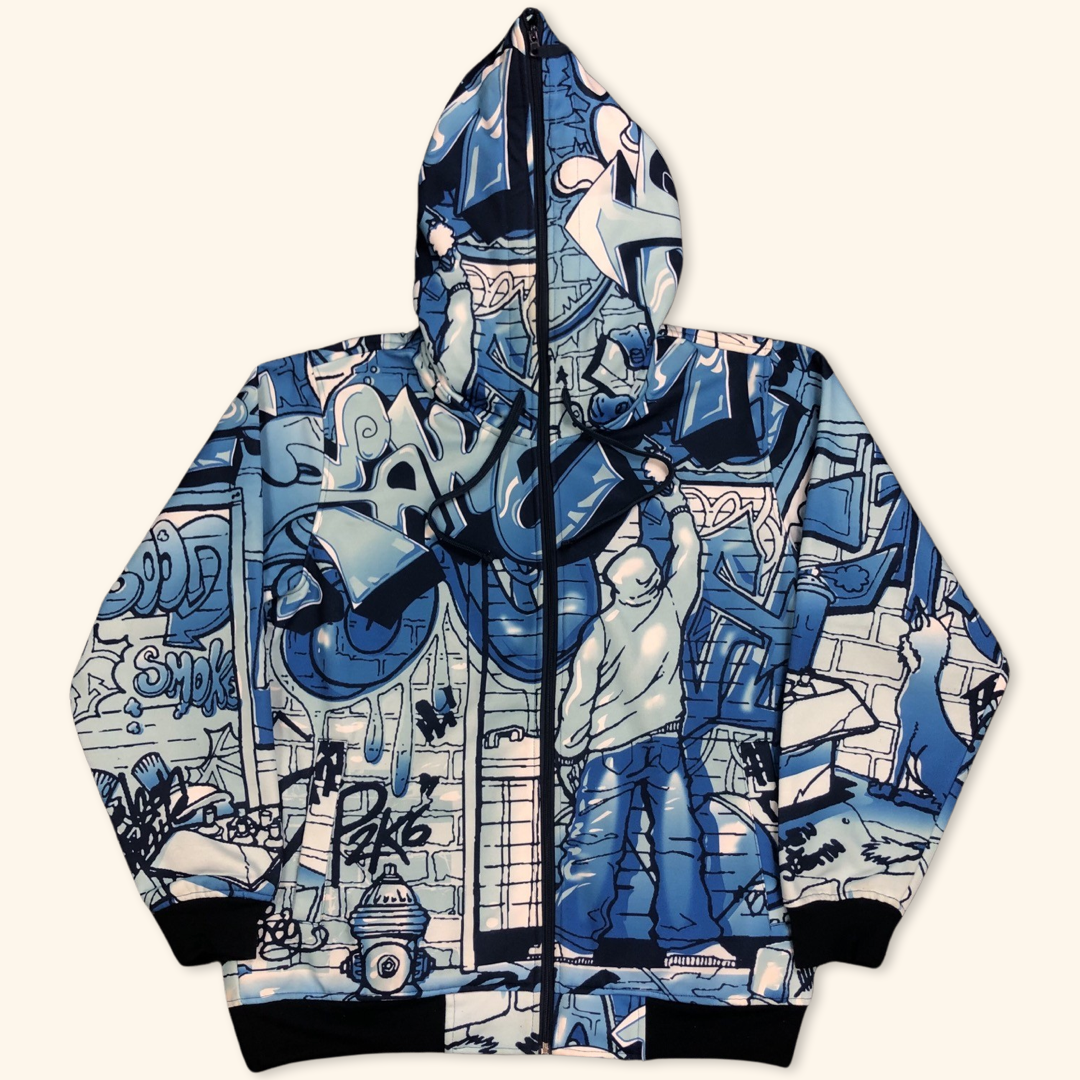 Raw Blue All Over Printed Oversized 2000s Graffiti Hip Hop Full Zipper (M/L)