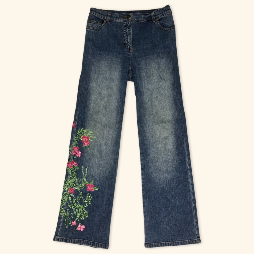 Japanese Dragon Y2K Embroidered Ladies Jeans (M)